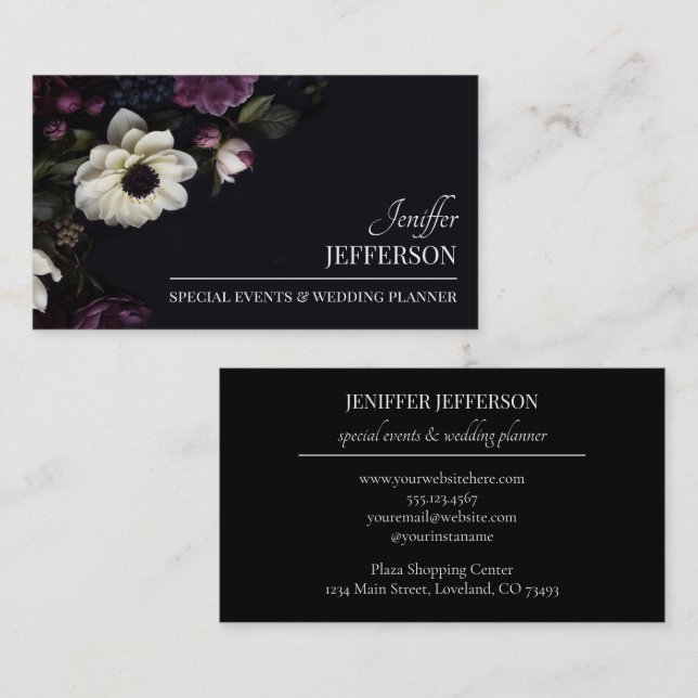 Carte De Visite Dark Floral event wedding planner (Devant / Derrière)