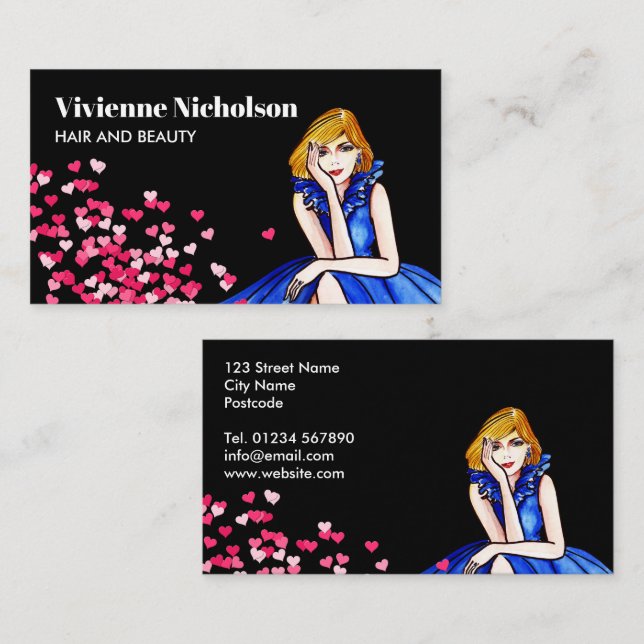 Carte De Visite Dark Royal Blue Cocktail Gown Mode Coeurs roses (Devant / Derrière)