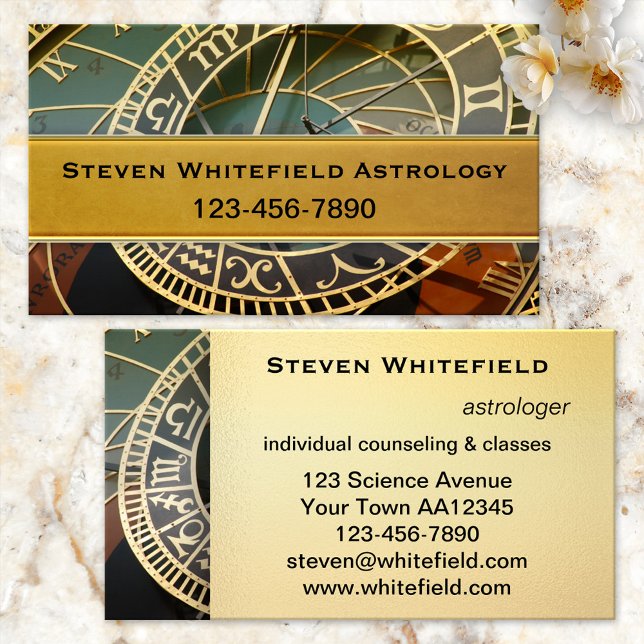 Carte de visite d'astrologue professionnel (Professional business card for an astrologer featuring an image of the astrological clock.)
