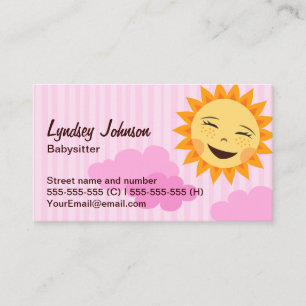 Carte de visite de babysitter, rose avec le soleil