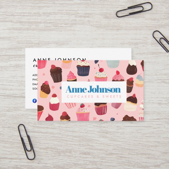 Carte de visite de boulangerie moderne Cupcake Swe (Devant/Arrière en situation)