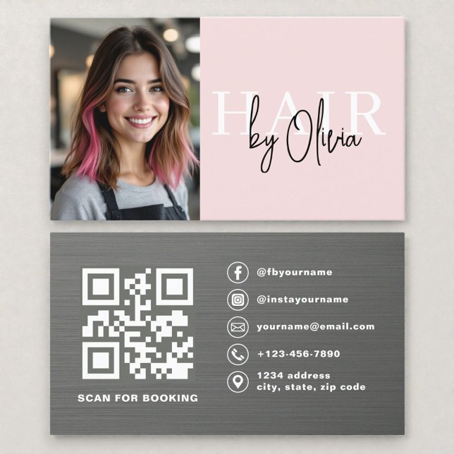 Carte de visite de coiffeur Code QR Rose Pâle Méta (Créateur téléchargé)