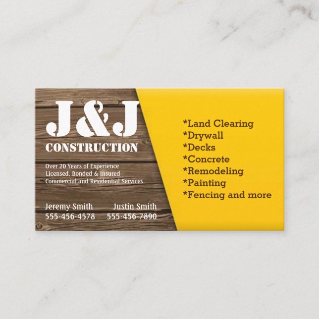 Carte de visite de construction en bois et en jaun (Devant)
