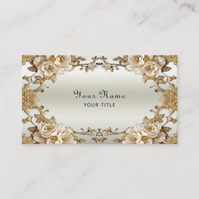Carte de visite de fleurs blanches ornées dorées (Devant)