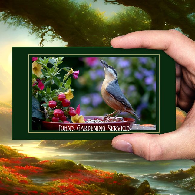 Carte de visite de jardin paysager (Business card featuring garden scenes with flowers and a cute bird - garden design and maintenance)