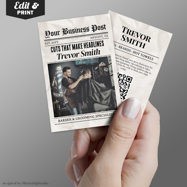 Carte de visite de journal, Barbier & Grooming Sty (Newspaper Business Card, Barber & Grooming Stylist Calling Card)