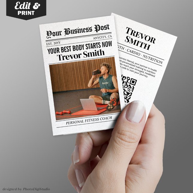 Carte de visite de journal, entraîneur de conditio (Newspaper Business Card, Personal Fitness Coach Calling Card)