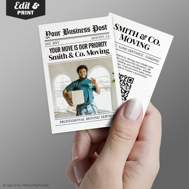 Carte de visite de journaux, services d'emballage  (Newspaper Business Card, Packing & Moving Services Calling Card)