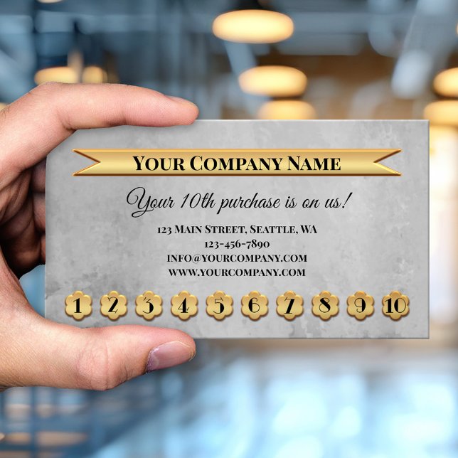 Carte de visite de la carte perforée Gold Grey (Professional grey artistic loyalty business card with gold metallic punch numbers - customer reward)