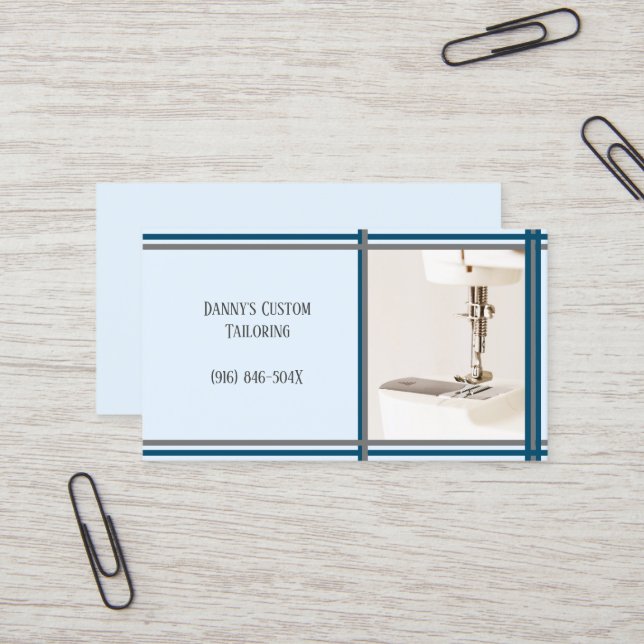 Carte de visite de la machine à coudre Blue Tailor (Devant/Arrière en situation)