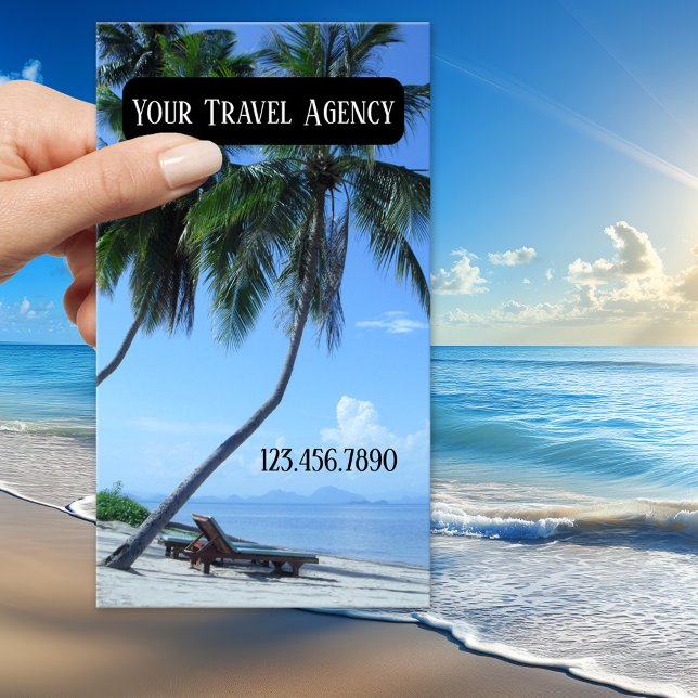 Carte de visite de l'agence de voyage Tropical (Business card featuring a palm tree at the beach - travel agency - travel - tropical - beach)