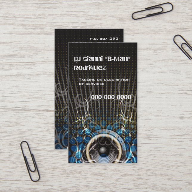 Carte de visite de l'enceinte DJ (Devant/Arrière en situation)