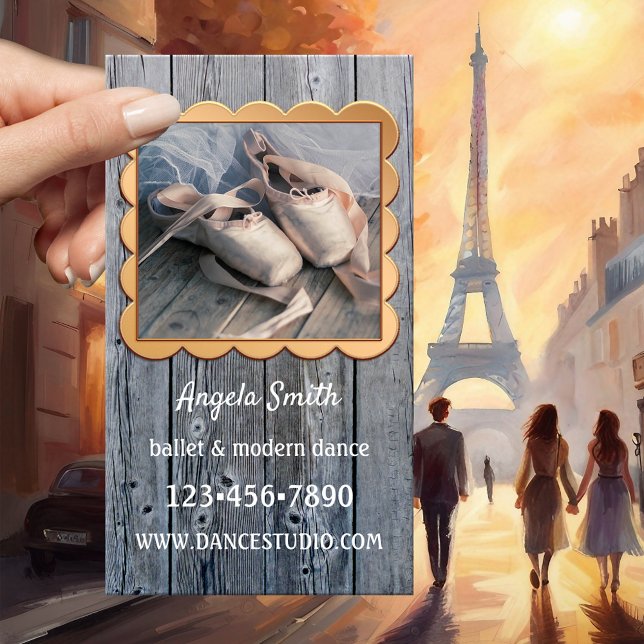 Carte de visite de l'enseignant de danse ballet (Business card showing your photo framed by a curvy rose gold design on rustic wood - ballet teacher)