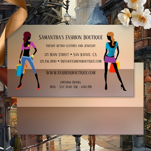 Carte de visite de magasin de mode pour femmes (Fashion business card featuring images of two women with shopping bags on a faded background)