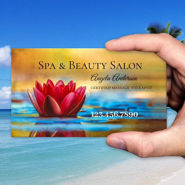 Carte de visite de massage de beauté de Spa de Lil (Business card featuring a painting of a colorful water lily. Spa, beauty salon or massage therapist)