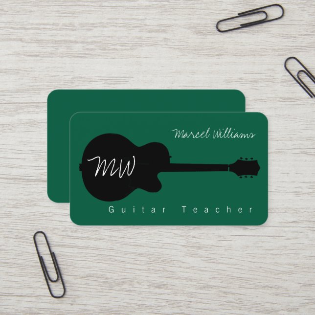 Carte de visite de musique verte avec guitare noir (Devant/Arrière en situation)