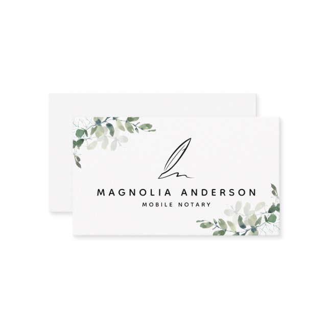Carte de visite de notaire mobile Eucalyptus Quill (Devant/Arrière en situation)