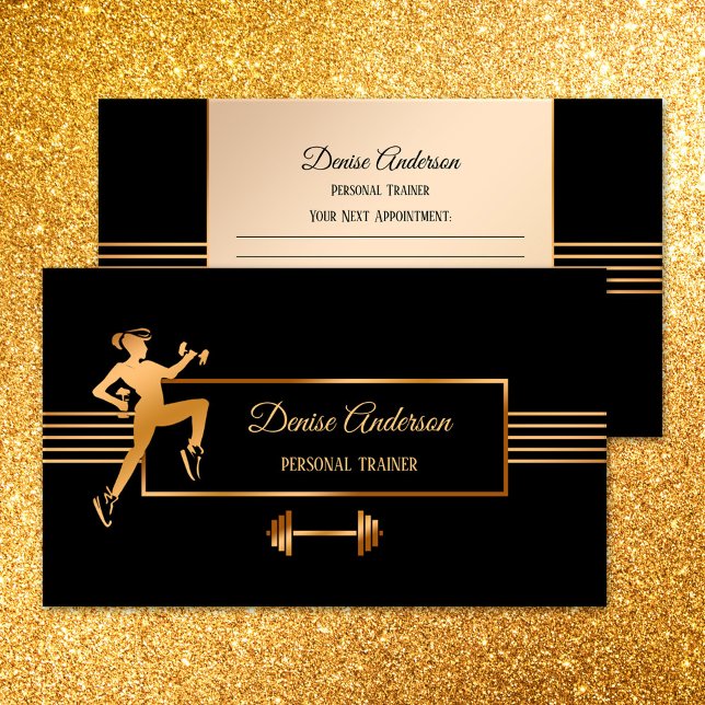 Carte de visite de rendez-vous du formateur de con (Appointment business card for a personal trainer or fitness instructor in rose gold and black)