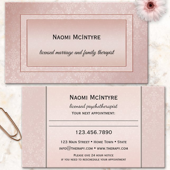 Carte de visite de rendez-vous du thérapeute rose  (Appointment business card featuring a blush pink damask design - psychotherapist - counselor)