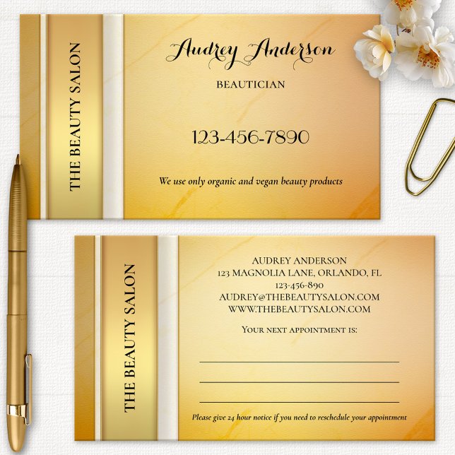 Carte de visite de rendez-vous Elegant Gold Beauty (Professional glam appointment business card in gold and ivory with peach)