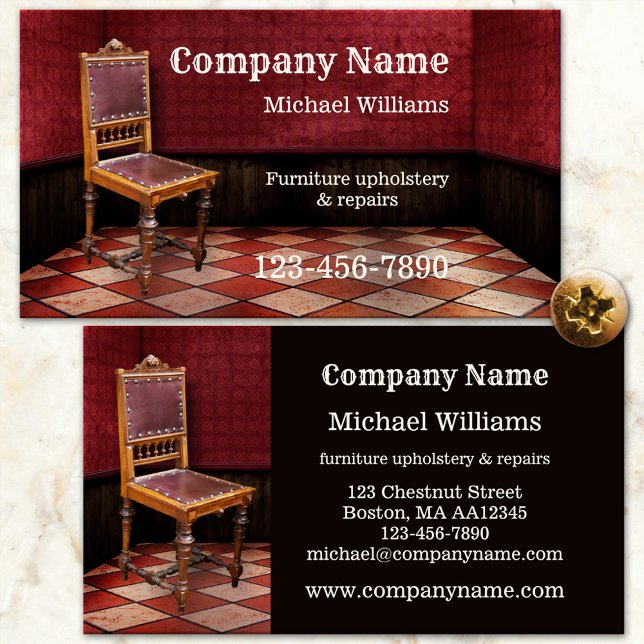 Carte de visite de réparation et d'Upholstery (Professional furniture crafts and upholstery or repair business card featuring a vintage chair)