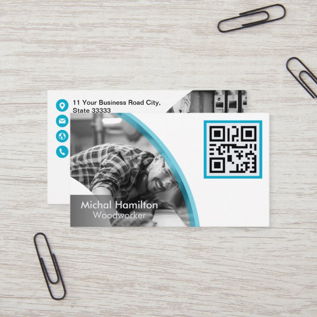 Carte de visite de travail du bois bleu moderne (Devant/Arrière en situation)