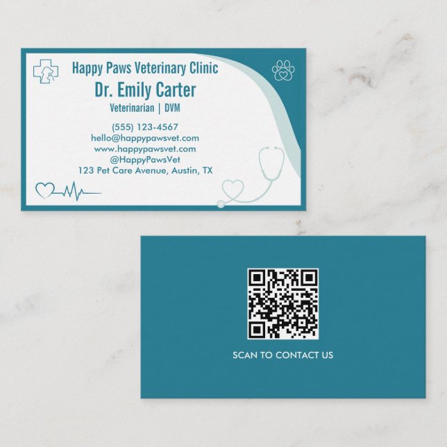 Carte de visite de vétérinaire moderne avec code Q (Devant / Derrière)
