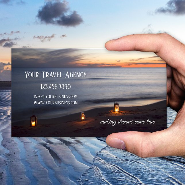Carte de visite de voyage Sunset Beach (Peaceful and romantic business card featuring lights on the beach at sunset - travel - peace )