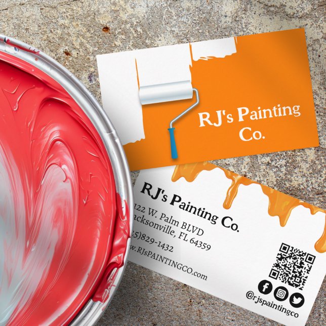 Carte De Visite Déchets de peinture orange et blanc Peintre profes (Professional Painter Business Cards White with Orange Paint Drips, Paint Roller, and QR Code)