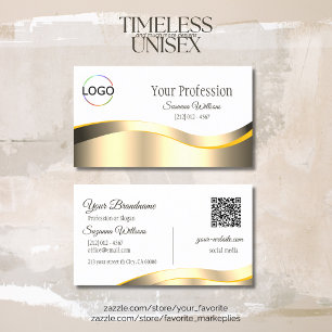 Carte De Visite Décor classique blanc Wavy Gold avec logo QR Code