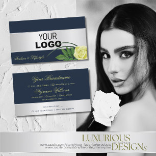 Carte De Visite Décor d'argent bleu foncé jolie fleur Rose avec lo