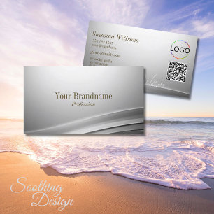Carte De Visite Décor incurvé en argent avec logo et code QR