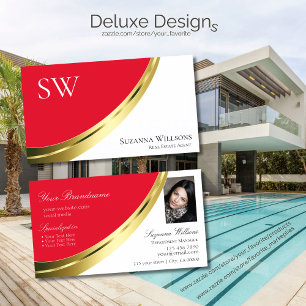 Carte De Visite Décor or rouge et blanc avec monogramme et photo