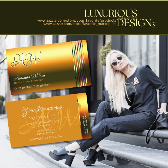 Carte De Visite Décor Orange Chatoyant Rayures Monogramme (Créateur téléchargé)