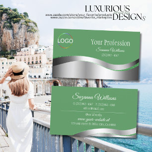 Carte De Visite Décor shamrock vert Wavy Silver avec logo