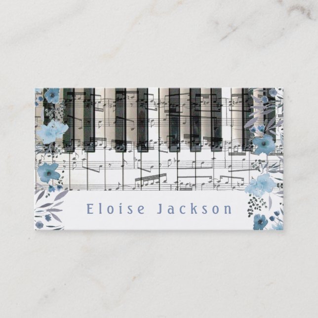 Carte De Visite décoration piano et fleurs bleues (Devant)