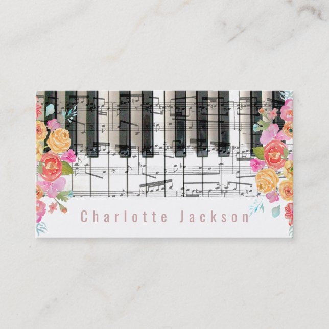 Carte De Visite décoration rose fleurie musique pianiste (Devant)