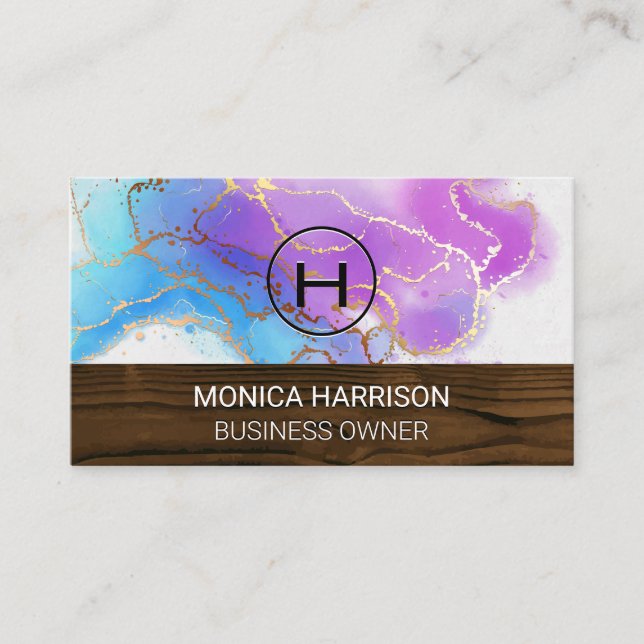Carte De Visite Découpe en bois | Monogramme | Aquarelle Gold Foil (Devant)