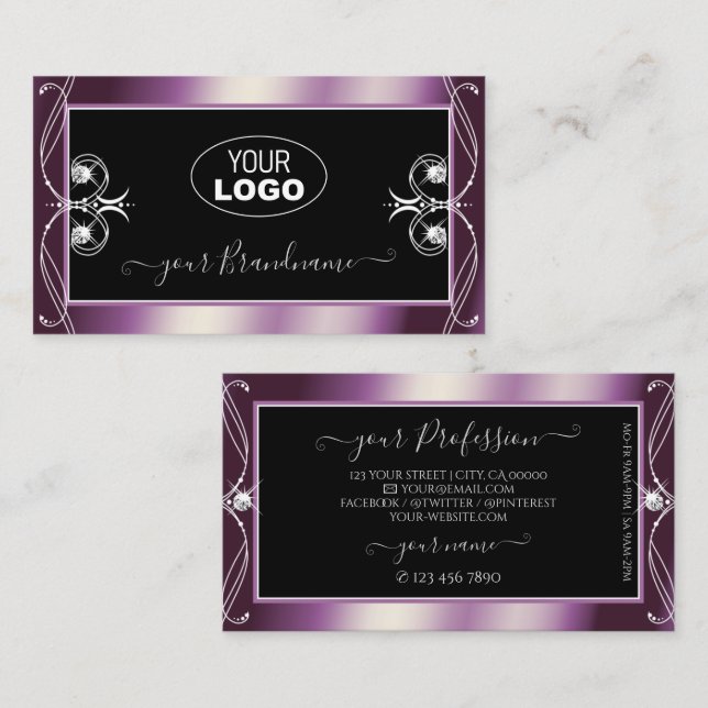 Carte De Visite Défilement noir violet losange losange avec logo (Devant / Derrière)