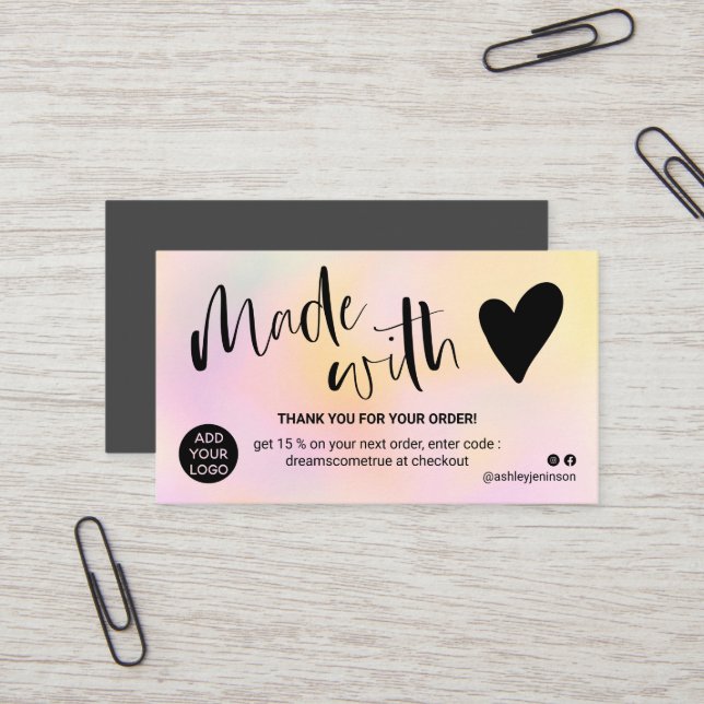 Carte De Visite dégradé rose jaune merci fait avec amour (Devant/Arrière en situation)