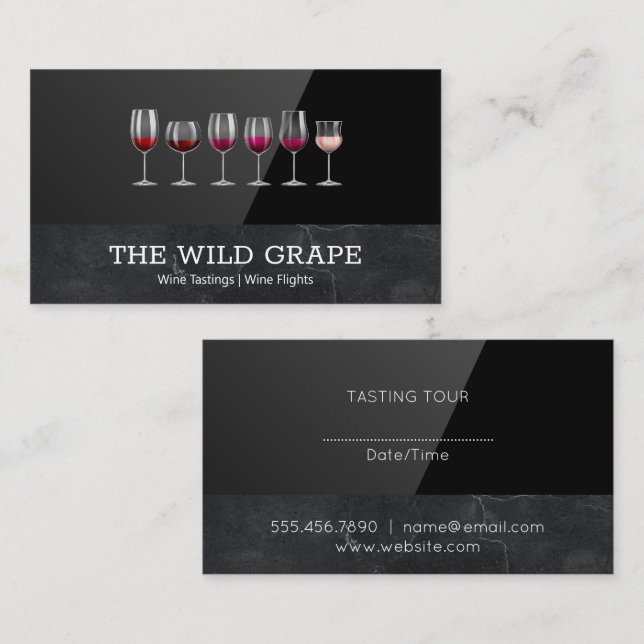 Carte De Visite Dégustation De Vins | Marbre | Noir brillant (Devant / Derrière)