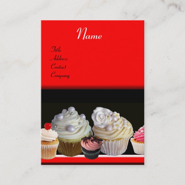 Carte De Visite DÉLICIEUX CUPCAKES DESERT SHOP, noir rouge (Devant)