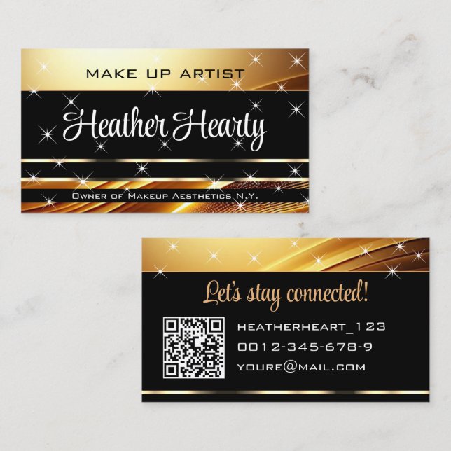 Carte De Visite Deluxe Golden Black Sparkle Stars Ombre QR Code (Devant / Derrière)