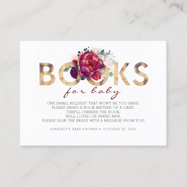 Carte De Visite Demande de baby shower - Floral rouge Bourgogne (Devant)