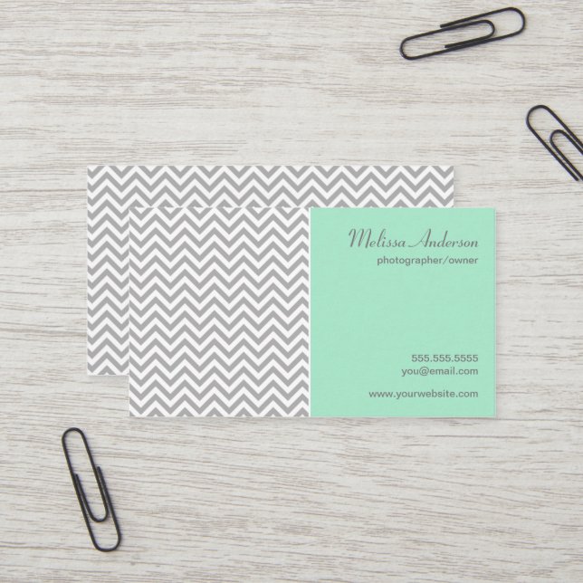 Carte De Visite Demi-Chevron Motif Gris et Menthe (Devant/Arrière en situation)
