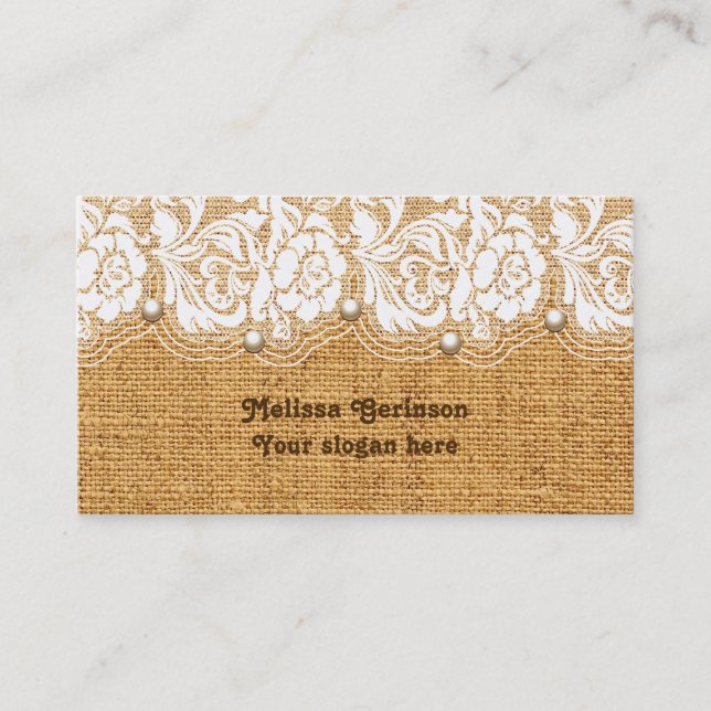 Carte De Visite Dentelle blanche et perles sur burlap orange (Devant)