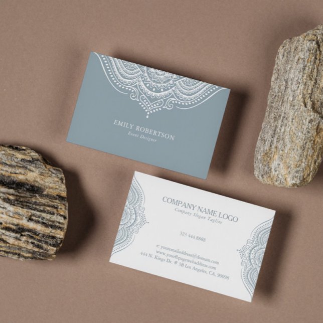 Carte De Visite Dentelle Blanche Paisley Mandala Sur Blue Grey (Créateur téléchargé)