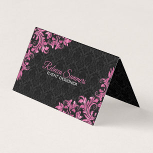 Carte De Visite Dentelle en métal rose Noir Floral Damask