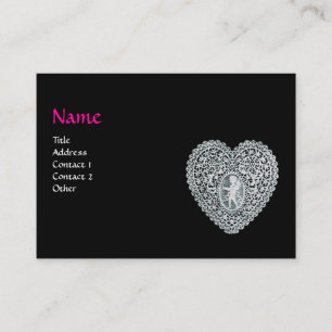 Carte De Visite DENTELLE MONOGRAMME CŒUR CUPIDON, rose, fuchsia