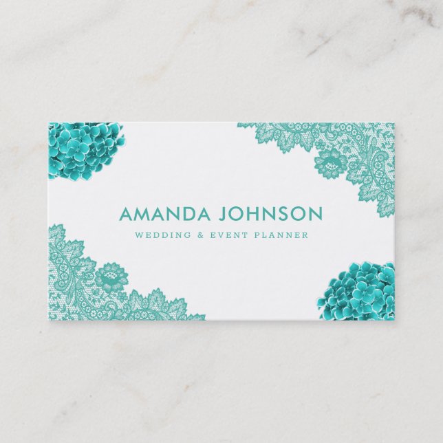 Carte De Visite Dentelle Turquoise Floral Mariage Planificateur d' (Devant)